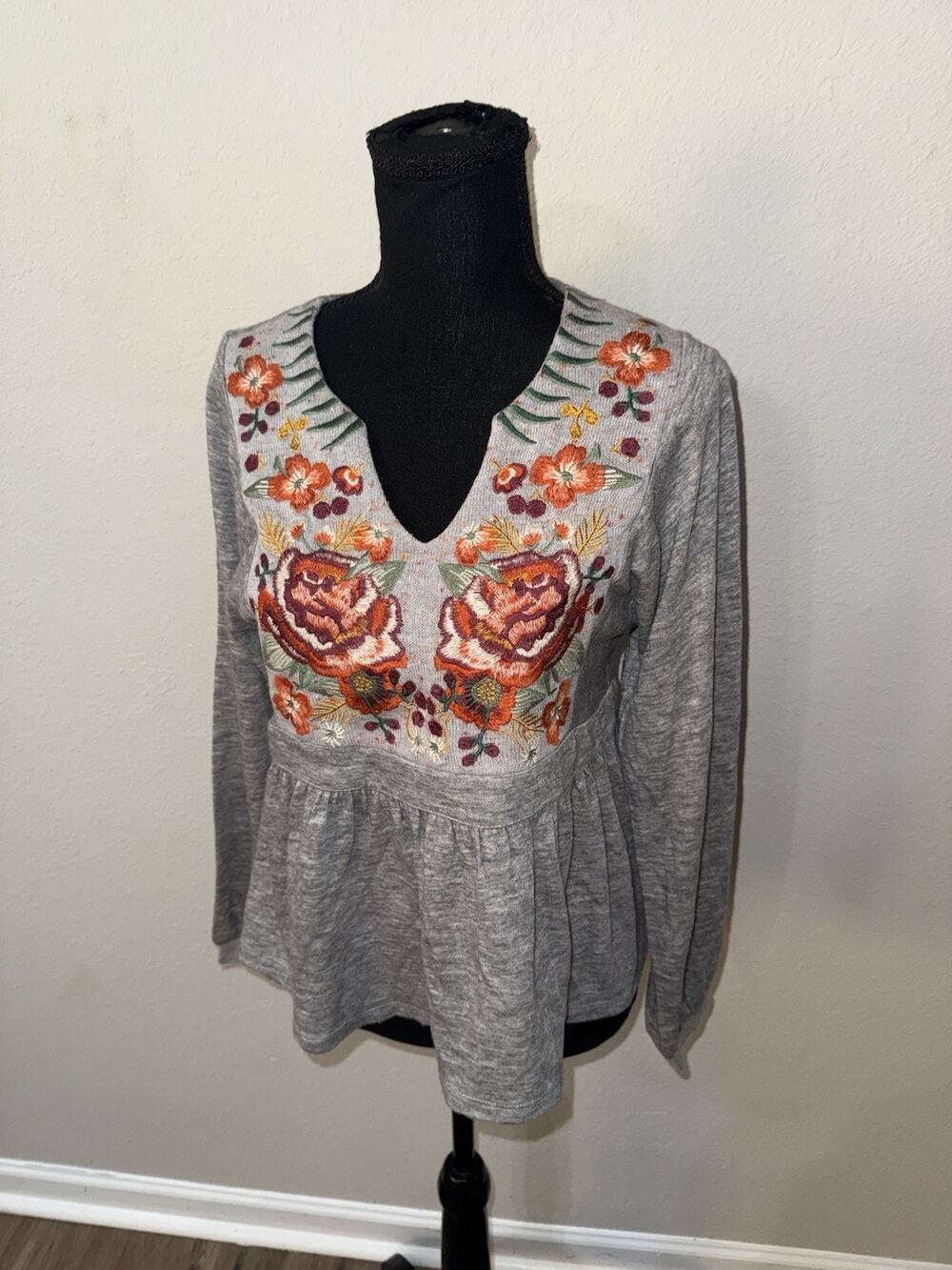 THML S Gray Floral Embroidery Notch V Neck Peplum Blouse Long Sleeve Boho